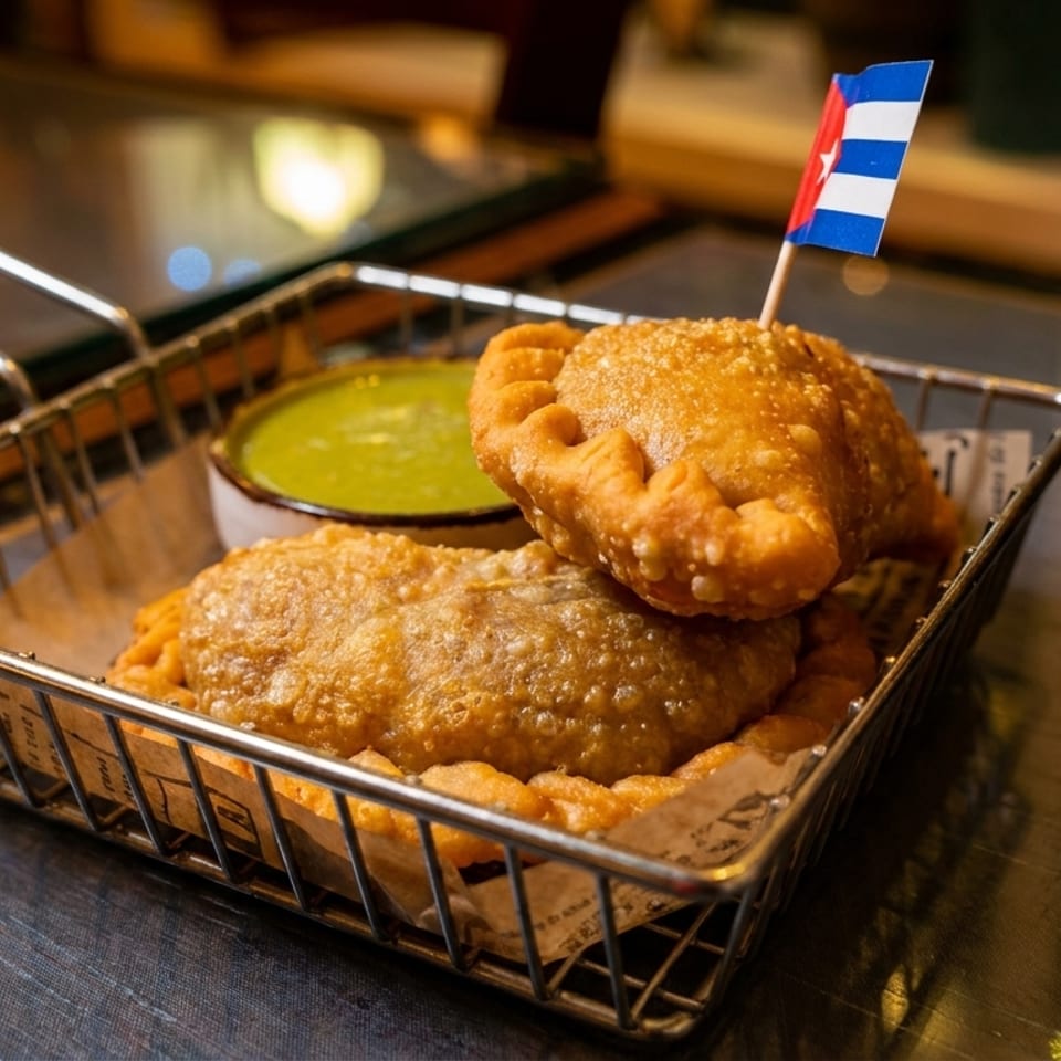 Two golden empanadas in a metal basket with green sauce and a Cuban flag.